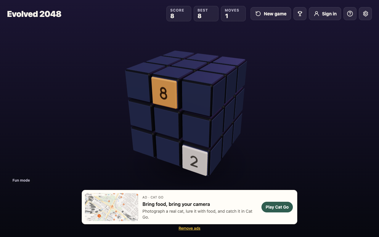 Fun mode board after an up slide with an 8 on the front face, score 8 and moves 1