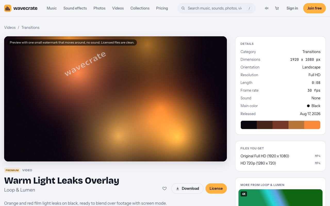The Warm Light Leaks Overlay page on Wavecrate, showing orange light on a black frame and its details