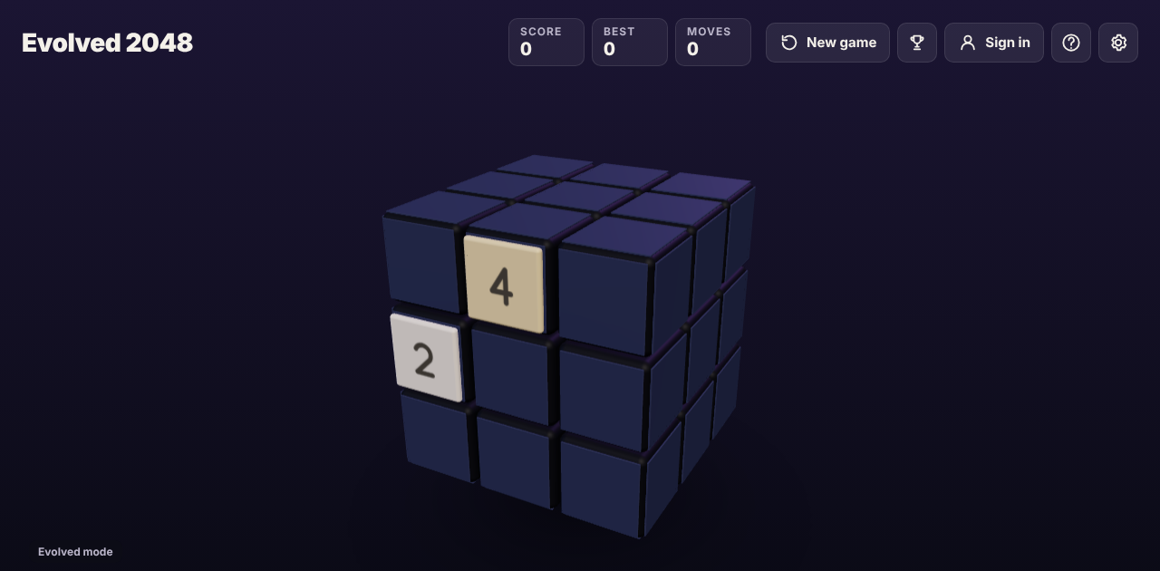 Evolved 2048 cube on a new game with Moves 0 and two tiles marked 2 on the front face