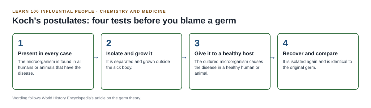 Diagram of Koch's four postulates: present in every case, isolate and grow, give to a healthy host, recover and compare