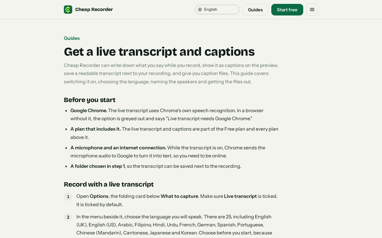 Cheap Recorder guide page on getting a live transcript and captions