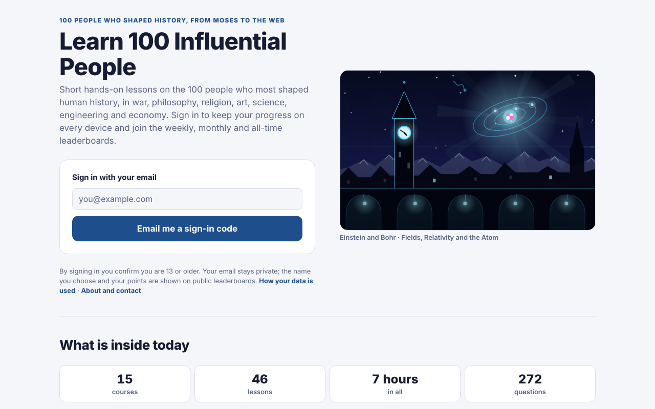 Home page of Learn 100 Influential People with the email sign-in box and the counts of courses, lessons and questions