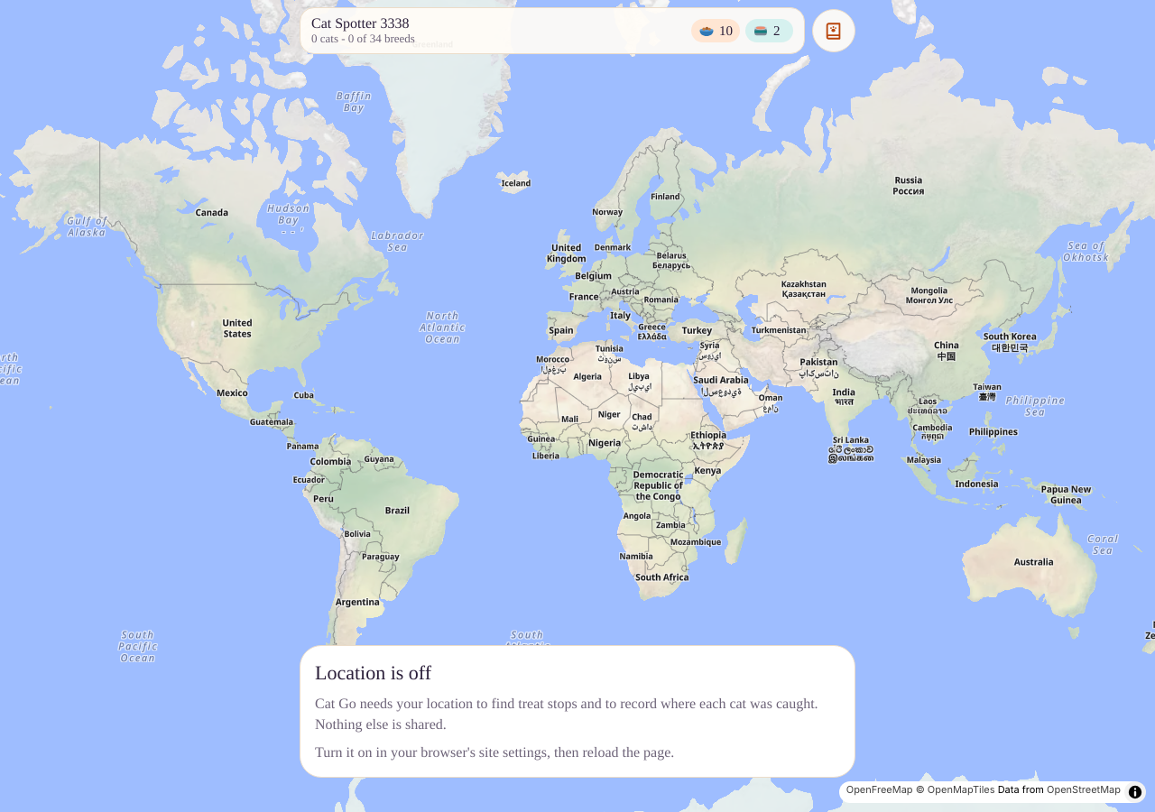 Cat Go home screen showing a world map, the player bar counting cats and breeds out of 34, and the Location is off card