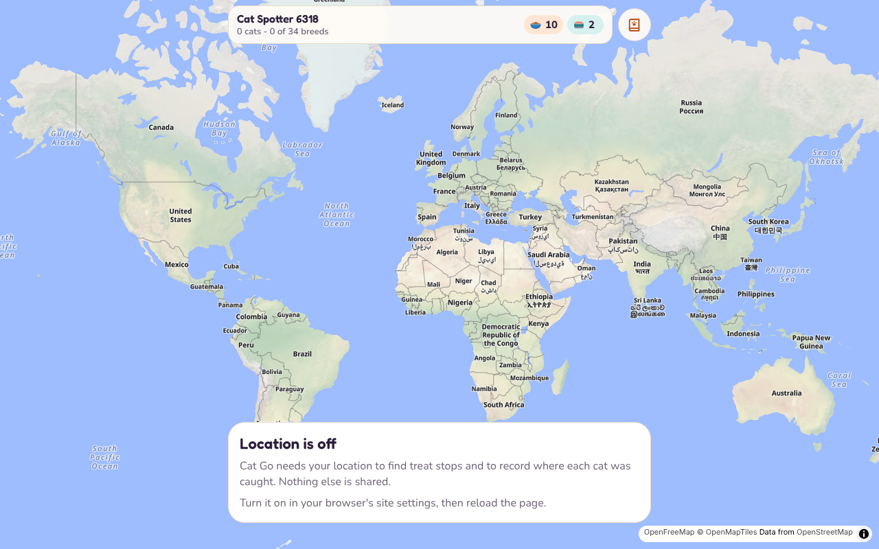 Cat Go home screen showing a world map, the player bar counting cats and breeds out of 34, and the Location is off card