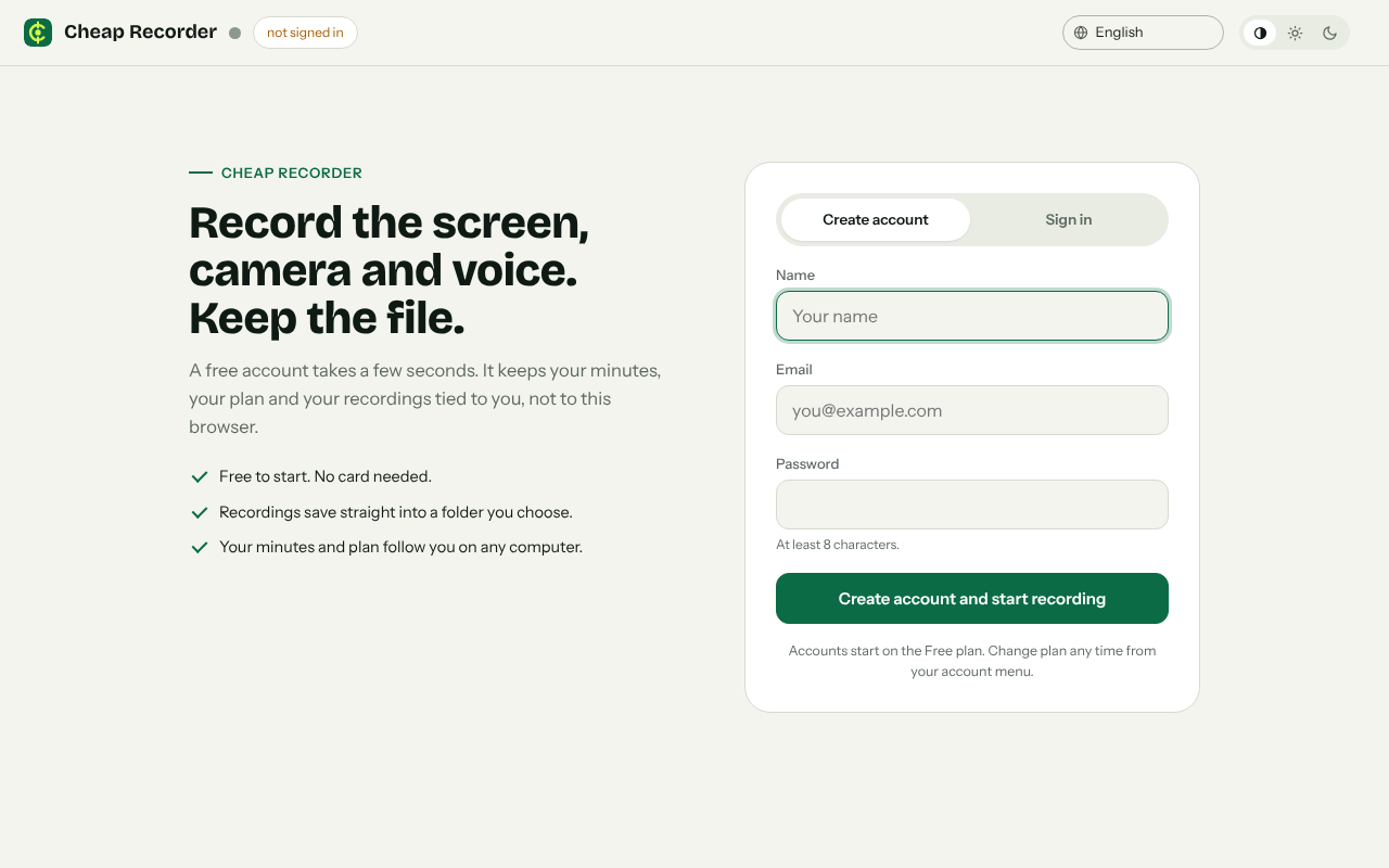 The Cheap Recorder page at cheaprecorder.com/app with a Create account form and a Free to start, no card needed list
