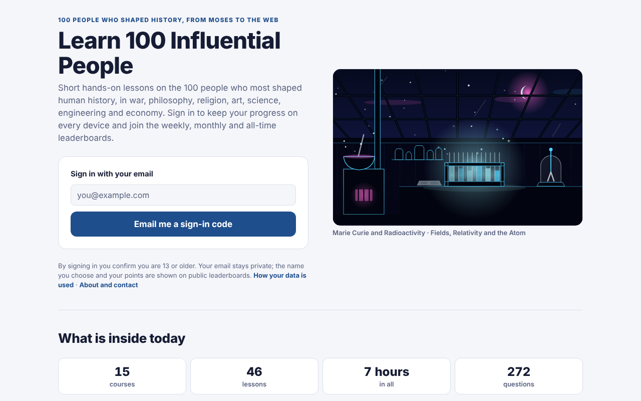 Home page of Learn 100 Influential People with the email sign-in box and the counts of courses, lessons and questions