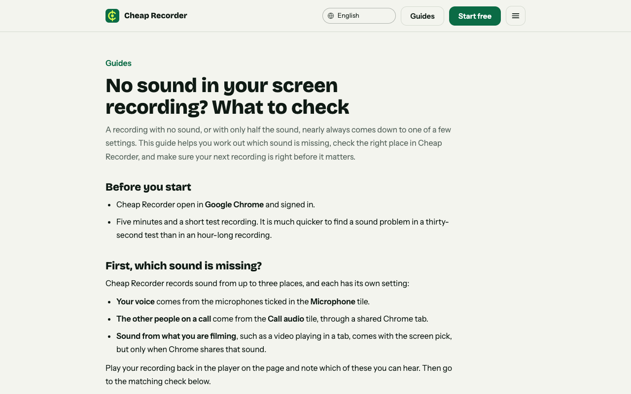 Cheap Recorder guide page on what to do when a screen recording has no sound