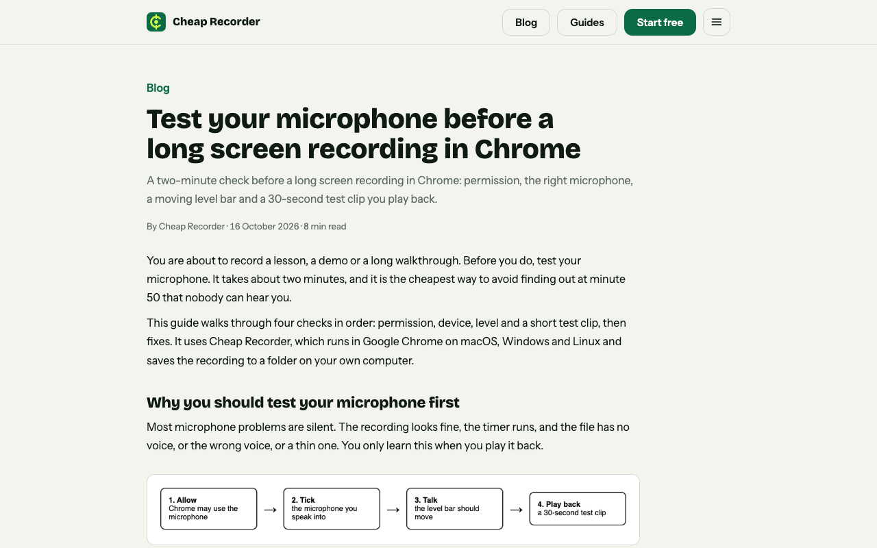 Cheap Recorder blog post on testing your microphone before a long screen recording in Chrome