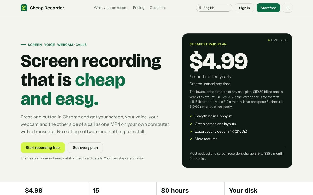 Cheap Recorder home page with the Start recording free button and a note that files stay on your disk