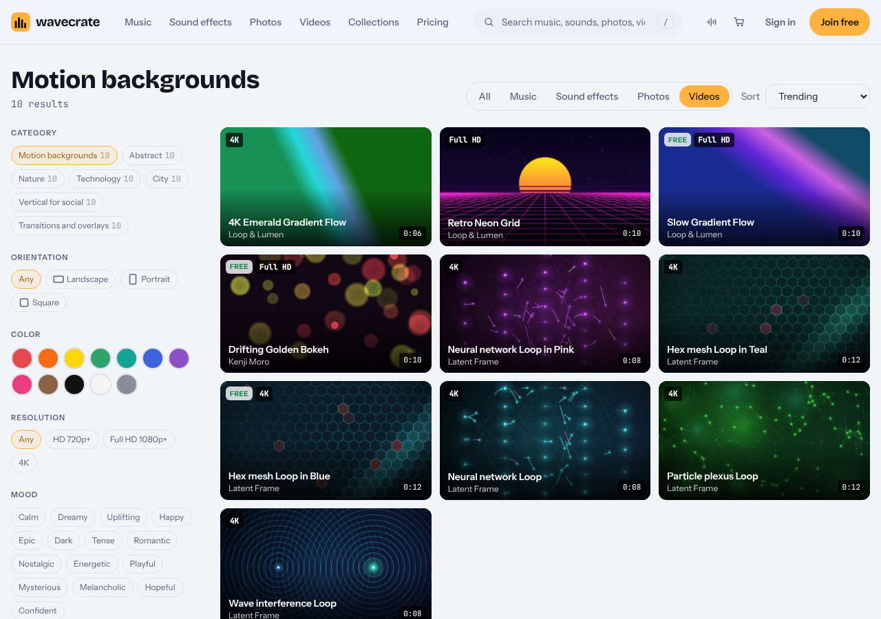 The Motion backgrounds category on Wavecrate listing ten looping videos with their lengths and resolutions