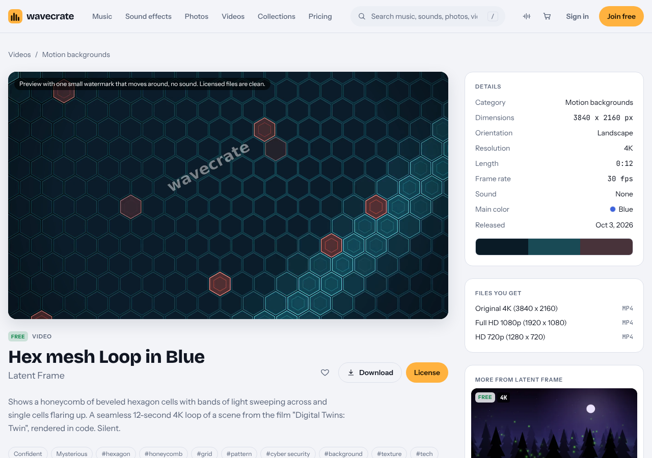 The Hex mesh Loop in Blue page on Wavecrate showing its Free license card and details