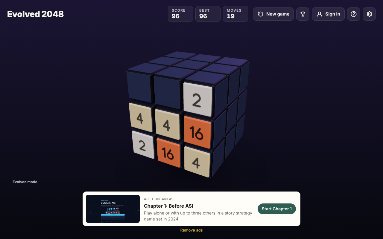 Evolved 2048 top bar in Evolved mode reading Score 96, Best 96 and Moves 19 over the cube