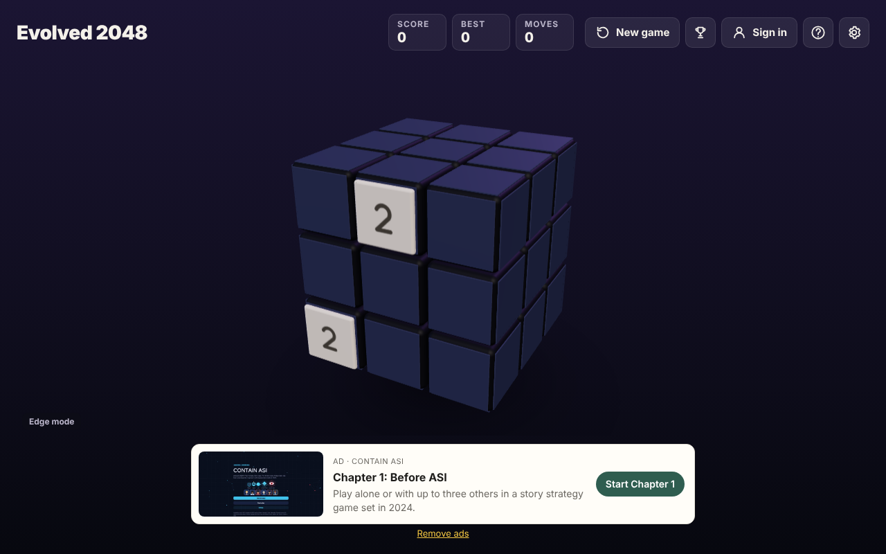 Evolved 2048 in Edge mode just after picking it, with Score 0, Best 0 and Moves 0