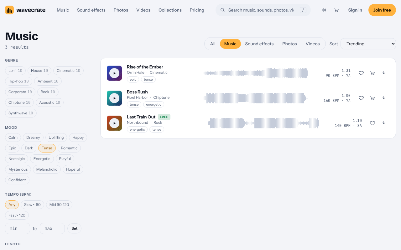 Wavecrate music browse page filtered by the Tense mood showing three tracks