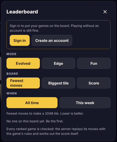 The Evolved 2048 Leaderboard box with Mode, Board and When choices and an empty Evolved board