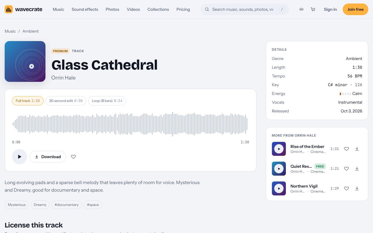 The Glass Cathedral track page on Wavecrate with its description, tempo, key and license cards