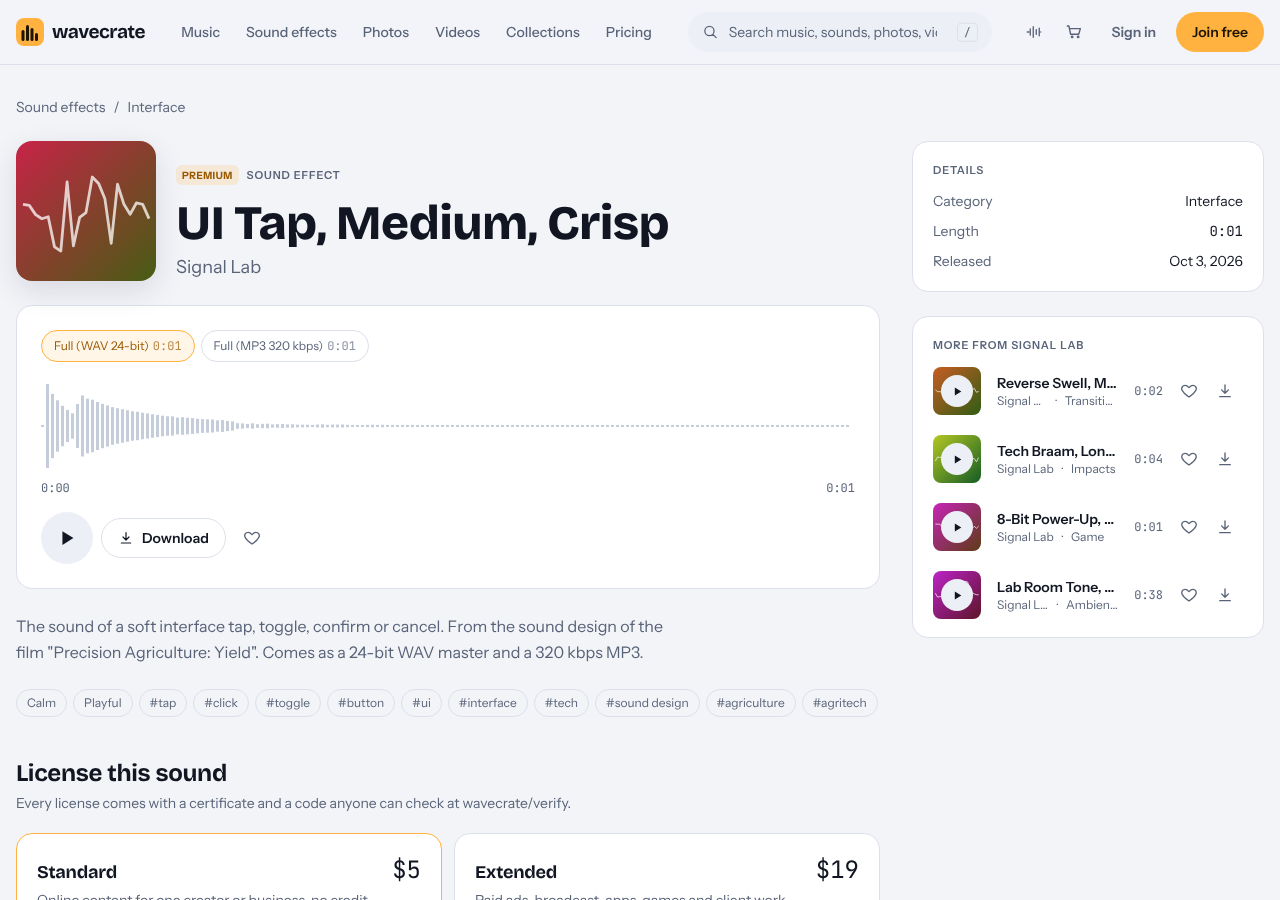 Wavecrate UI Tap, Medium, Crisp page with its toggle description and license prices