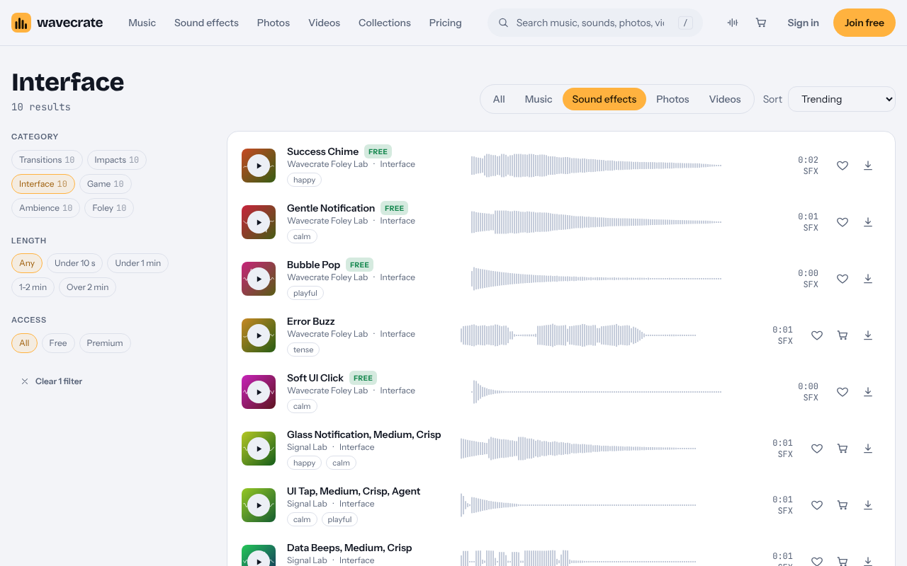 Wavecrate Interface sound effects page listing ten short interface sounds
