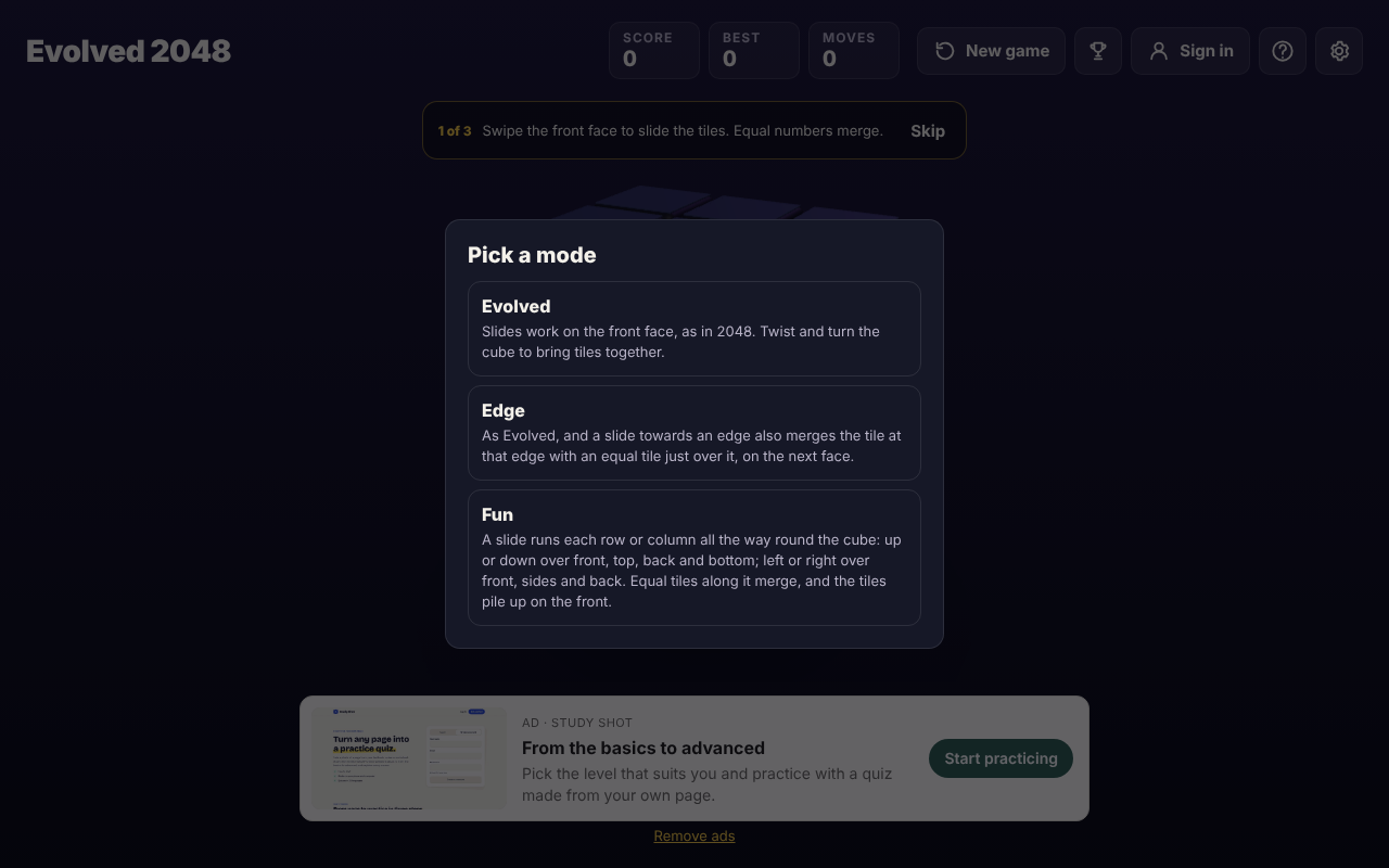 Evolved 2048 top bar with the Sign in button and the trophy button