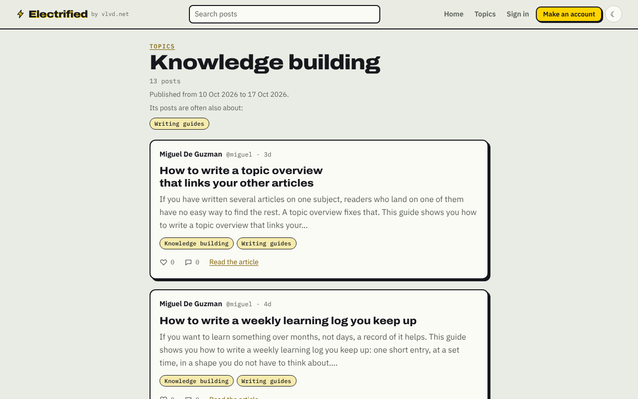 Electrified knowledge building topic page listing posts about building knowledge by writing