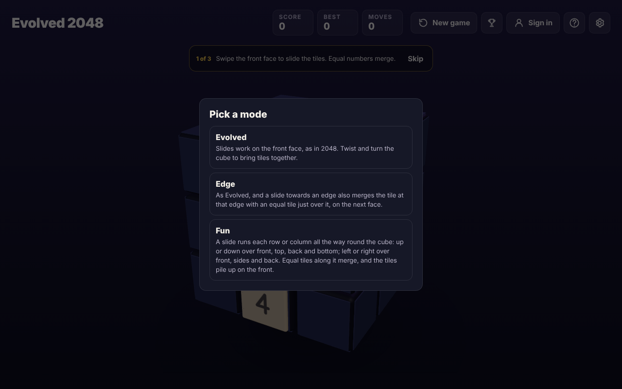 Evolved 2048 first game tip bar reading Swipe the front face to slide the tiles above the Pick a mode box