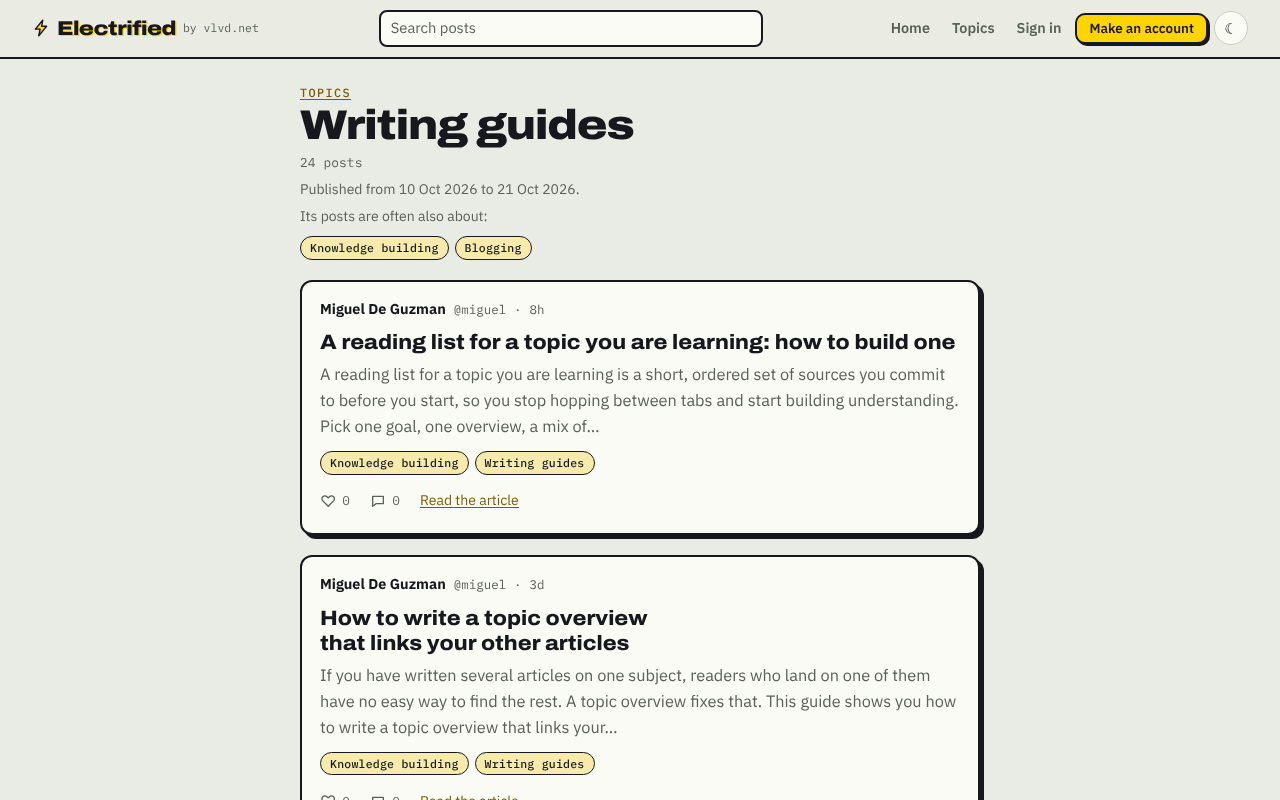 Electrified Writing guides topic page listing published guides