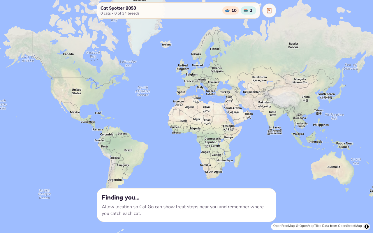 Cat Go home screen showing a world map, the player bar counting cats and breeds out of 34, and a Finding you card asking to allow location