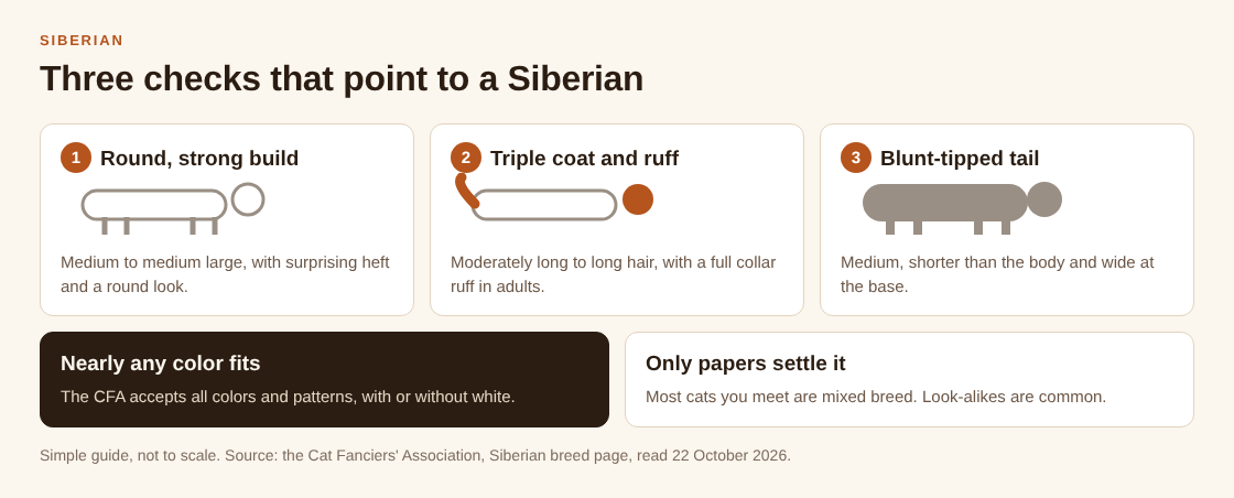 Diagram of three checks for a Siberian: a round, strong build, a thick triple coat with a ruff, and a blunt-tipped tail shorter than the body