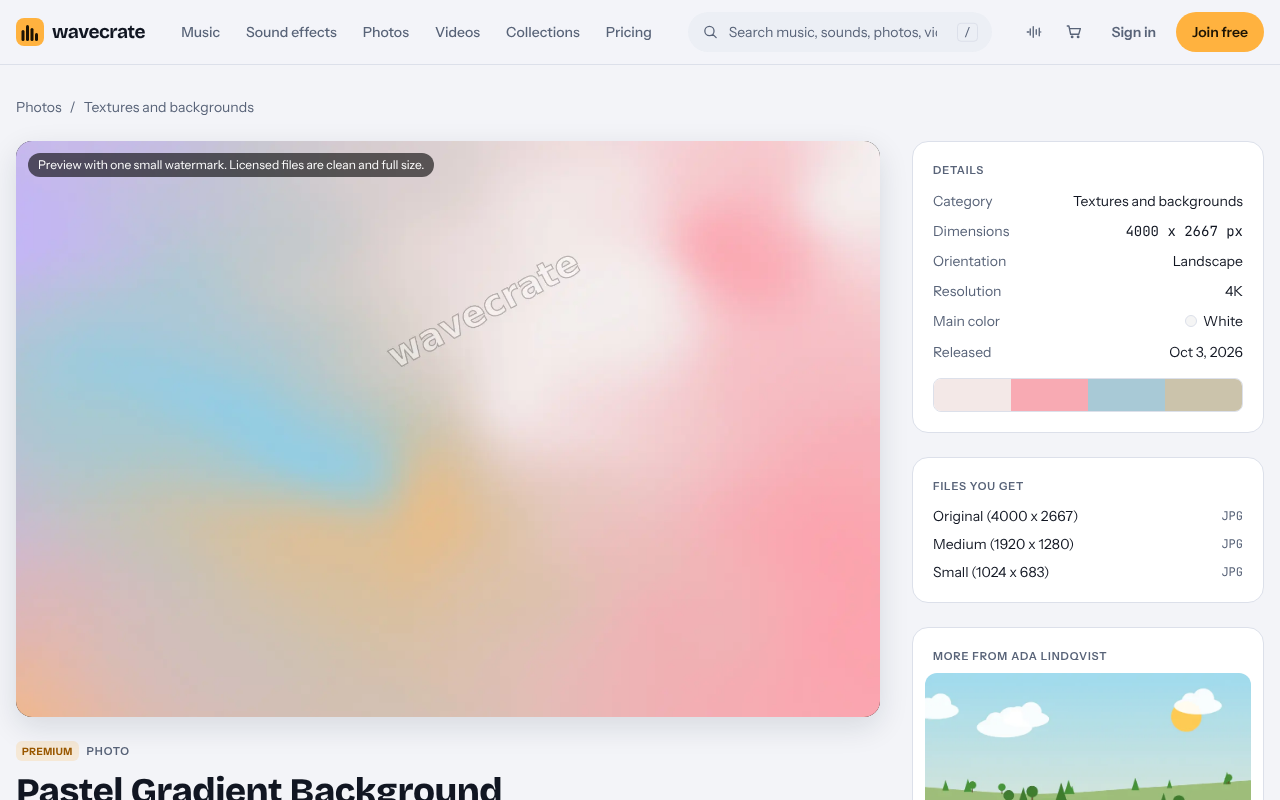 The Pastel Gradient Background photo page on Wavecrate with its license card
