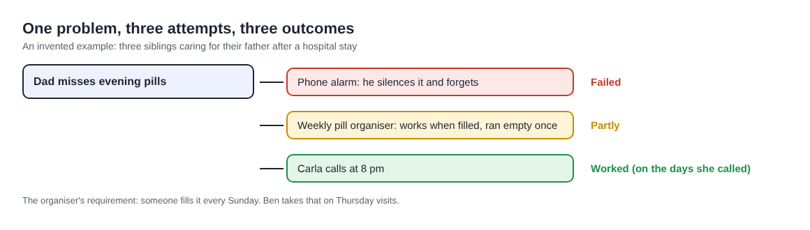 Diagram of one caregiving problem with three attempts and their outcomes: failed, partly, worked