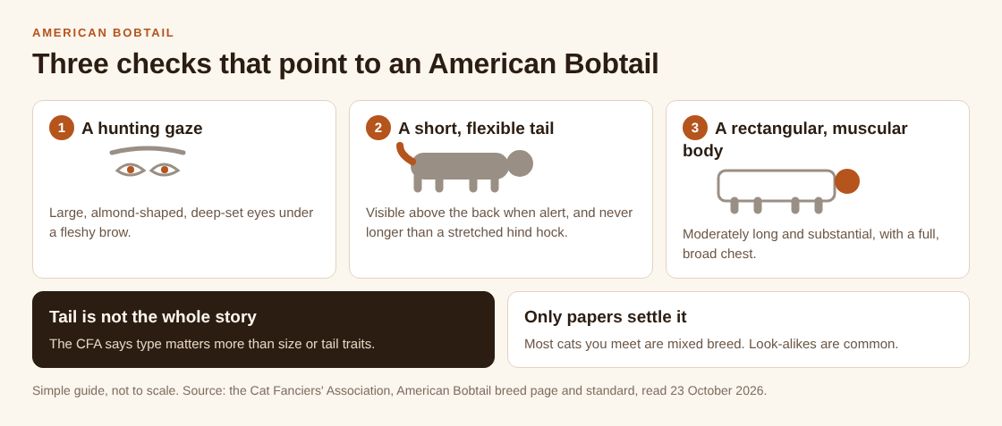 Diagram of three checks for an American Bobtail: a hunting gaze, a short flexible tail and a rectangular muscular body