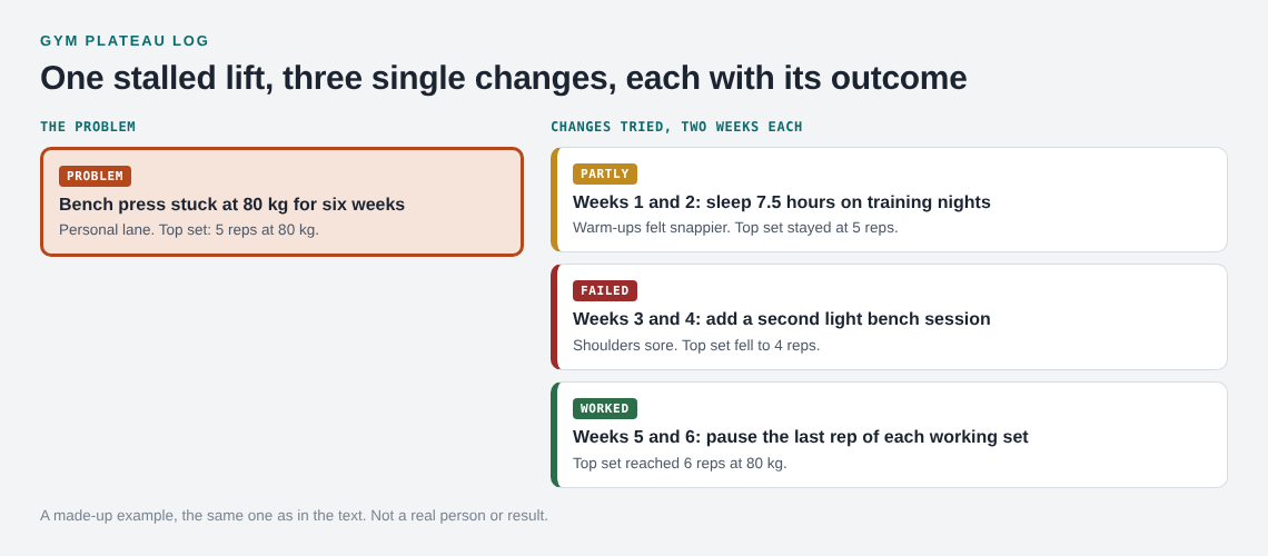 Diagram of a stalled bench press problem with three changes tried and their outcomes: partly, failed and worked