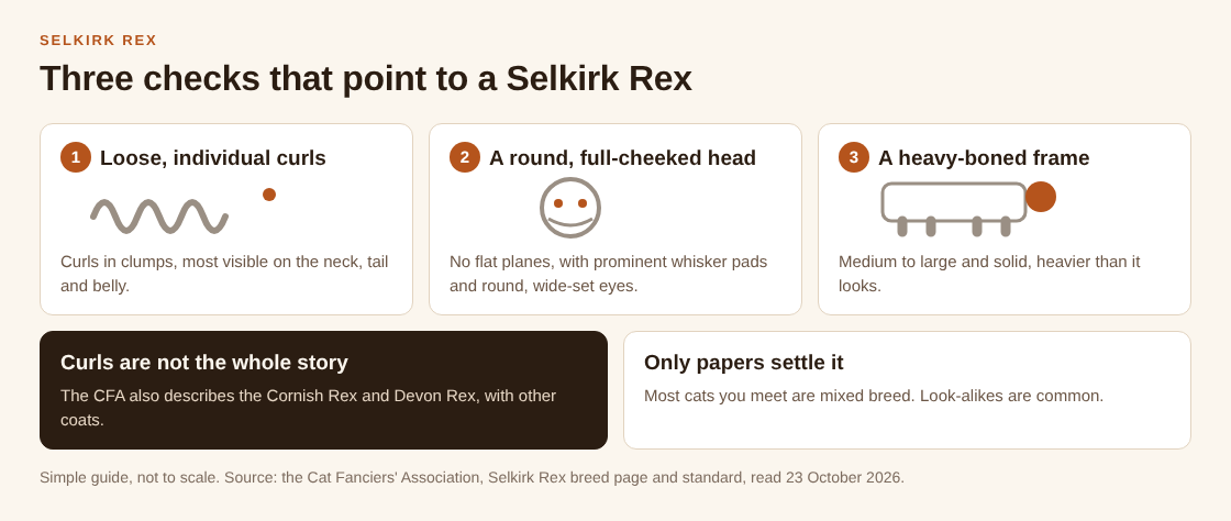 Diagram of three checks for a Selkirk Rex: individual curls in clumps, a round full-cheeked head and a heavy-boned medium to large body