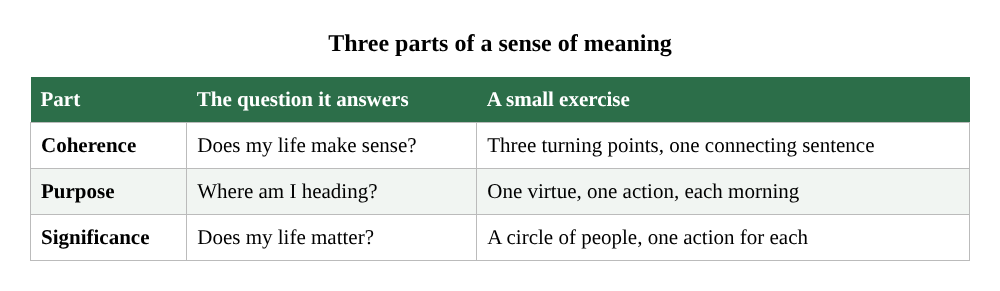 Table of the three parts of meaning, the question each answers and a small exercise for each