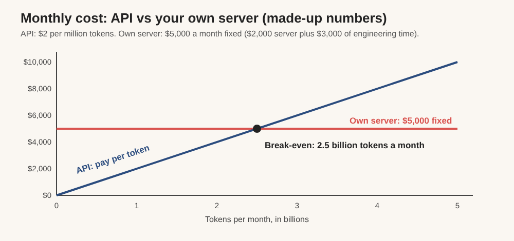Line chart of API cost rising with tokens against a flat self-hosted server cost, crossing at 2.5 billion tokens a month