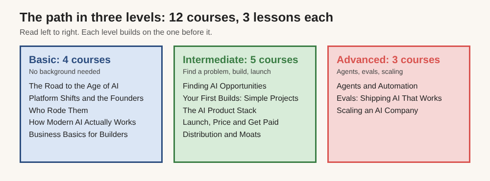 Diagram of the three levels: Basic with four courses, Intermediate with five, Advanced with three