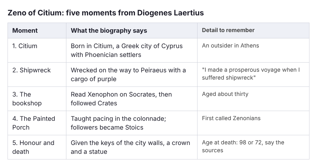 Table of five moments in Zeno of Citium's life, from shipwreck to the Painted Porch to his death