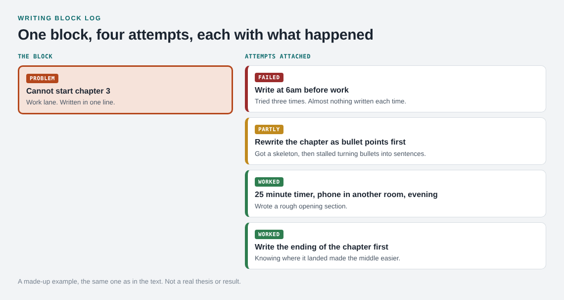 One block, cannot start chapter 3, with four attempts marked failed, partly, worked and worked