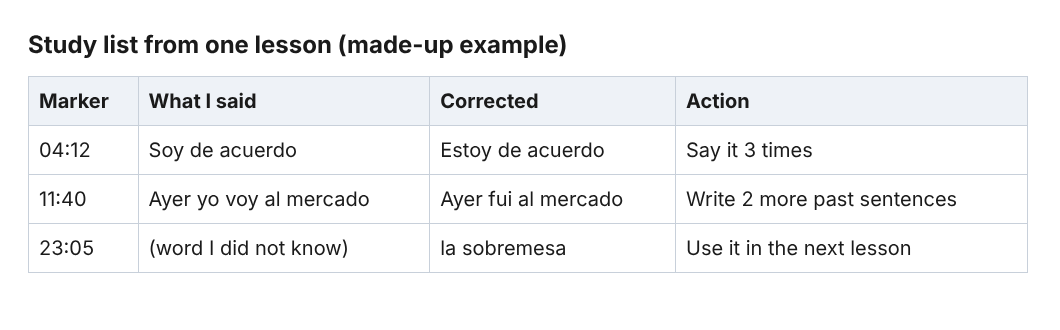 Made-up study list with three corrected sentences, each with the wrong version, the right version and the time of the marker