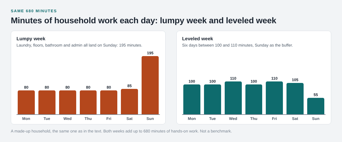 Two bar charts of daily household minutes: a lumpy week peaking at 195 on Sunday and a leveled week of 100 to 110 minutes