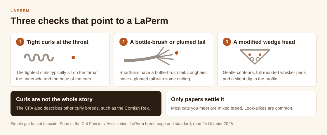 Diagram of three checks for a LaPerm: tight curls at the throat and ear bases, a bottle-brush or plumed tail, and a modified wedge head