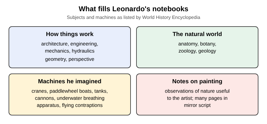 Four boxes grouping the subjects in Leonardo da Vinci's notebooks: how things work, the natural world, machines he imagined and notes on painting