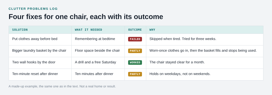 Table of four fixes for a clothes chair with what each needed and its outcome