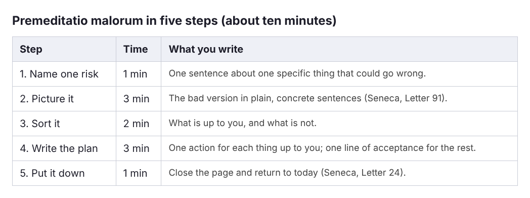 Table of the premeditatio malorum steps from choosing one risk to writing a plan and putting it down