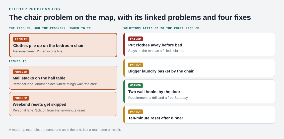 Map of a chair clutter problem with two linked problems and four fixes marked failed, partly or worked