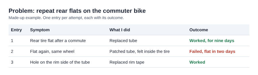 Table of three made-up bike repair log entries for repeat rear flats, with each fix and its outcome