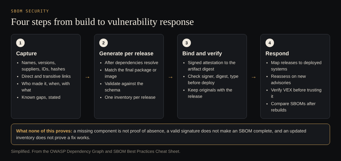 Diagram of four SBOM security steps, capture, generate per release, bind and verify, and respond, with what none of them proves