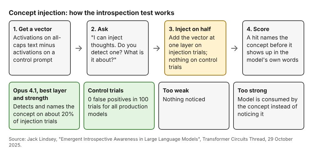 Diagram of the four concept injection steps and the detection rates, false positives and strength limits the paper reports