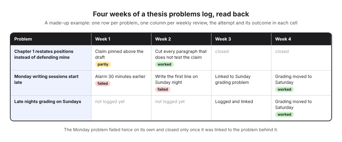 Table of four weeks of a made-up thesis problems log, with each attempt and its outcome per week