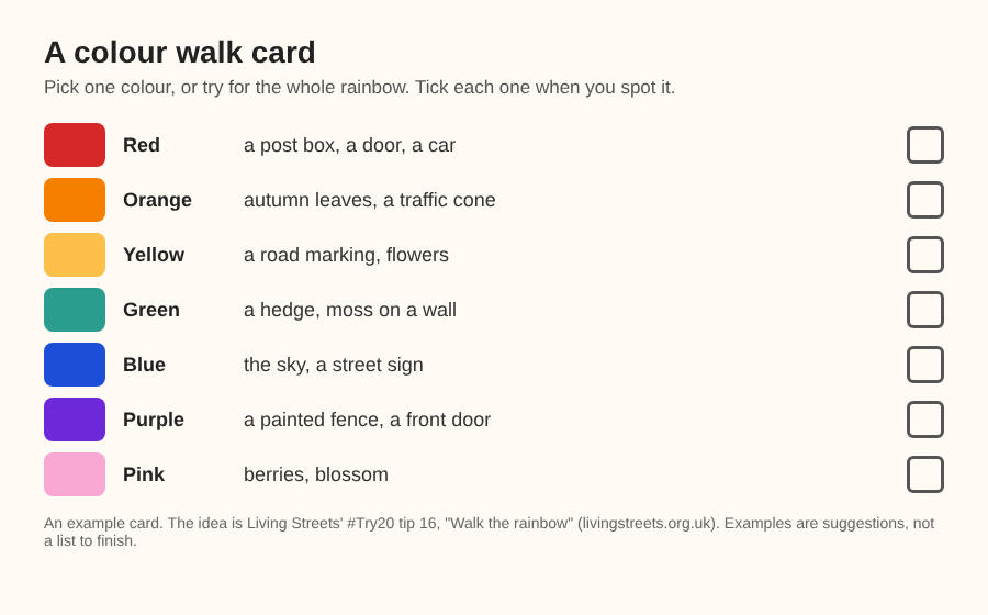 A colour walk card with seven colour swatches, red to pink, example finds and a box to tick for each